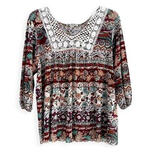 UNITY Paisley Patterned Crochet Collar Floral Tunic Blouse